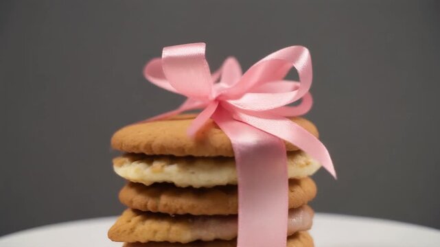 A stack of cream sandwich cookies tied with a decorative pink ribbon bow.