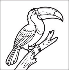 Naklejka premium Cute adorable toucan coloring page for kids, tropical bird black line art vector illustration doodle