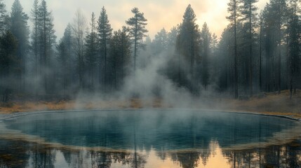 Fototapeta premium Serene Forest Thermal Pool Surrounded by Misty Steam and Colors