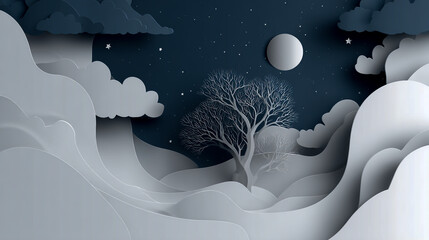 Abstract paper cut art background with a night sky, clouds, and tree branches on a white wavy wall in the center of the composition