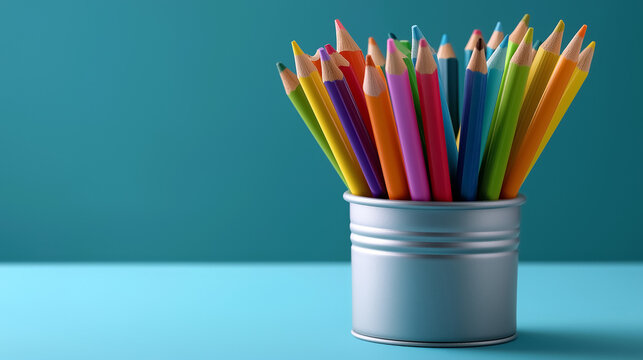 Vibrant colored pencils stand upright in a silver can on a turquoise table. Bright setting inspires creativity and artistic projects. Concept of art supplies, creativity, education