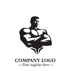 Man With Muscle Logo Symbol in Black on White Background for Strong Bold Fitness Branding Design Art