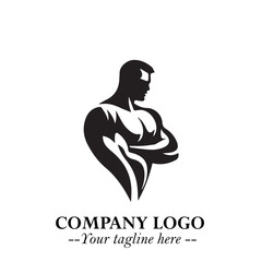Man With Muscle Logo Symbol in Black on White Background for Strong Bold Fitness Branding Design Art