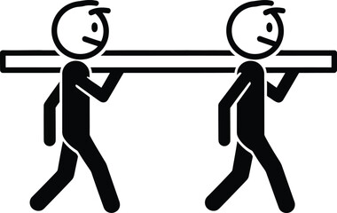 Two black stick figure workers in profile collaborating to carry a long heavy beam on their shoulders.