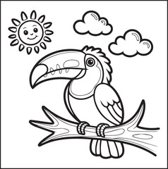 Naklejka premium Cute adorable toucan coloring page for kids, tropical bird black line art vector illustration doodle