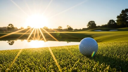A golf ball rests on dew-kissed green grass at sunrise, capturing a radiant lens flare over a serene golf course with a tranquil water feature.