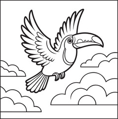 Naklejka premium Cute adorable toucan coloring page for kids, tropical bird black line art vector illustration doodle