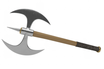 Medieval double bladed axe with pointed spike and wooden handle isolated on a transparent background