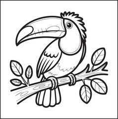 Naklejka premium Cute adorable toucan coloring page for kids, tropical bird black line art vector illustration doodle
