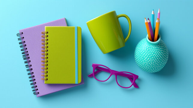 Colorful stationery items including notebooks, mug, colored pencils, and glasses are arranged on a bright blue surface. Ideal for creative, educational, office supply businesses