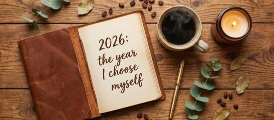 Facebook cover photo flatlay of open leather journal, surrounded by steaming black coffee, gold pen, small eucalyptus sprig, and soft candlelight on warm wood, fresh New Year energy, 8K resolution