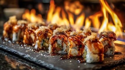 Sushi rolls with fire background