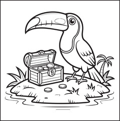 Naklejka premium Cute adorable toucan coloring page for kids, tropical bird black line art vector illustration doodle