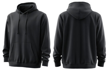 black hoodie mock up front and back view isolated on transparent background