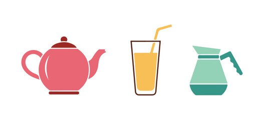 Icons of a coffeepot, frappe, and teapot in one set. Mint leaves icon. Brewed coffee, refreshing drink, tea kettle. Mentha herb. Quality design components. Classic look. Vector graphics.
