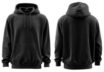 black hoodie mock up front and back view isolated on transparent background