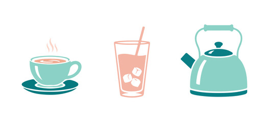 Collection of icons featuring a coffeepot, frappe, and teapot. Mint leaves symbol. Freshly brewed coffee, chilled beverage, tea kettle. Mentha herb. High-quality design elements. Timeless style.