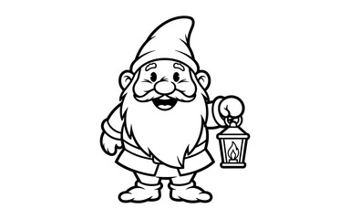 Naklejka premium Cheerful gnome holding lantern in black and white outline