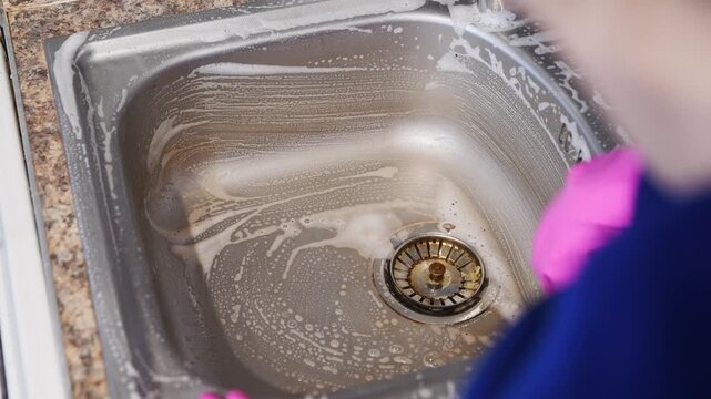 Close-up of person cleaning foamy stainless steel kitchen sink with pink gloves