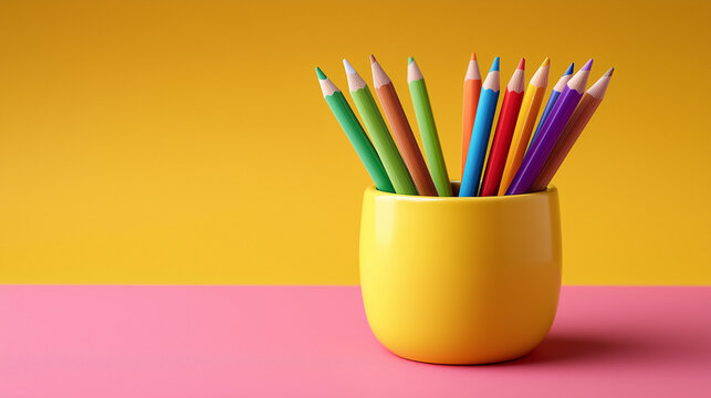 Colorful pencils stand upright in yellow cup on clean pink surface. Bright orange and pink background creates cheerful setting. Concept of schools, art studios, and creative workshops