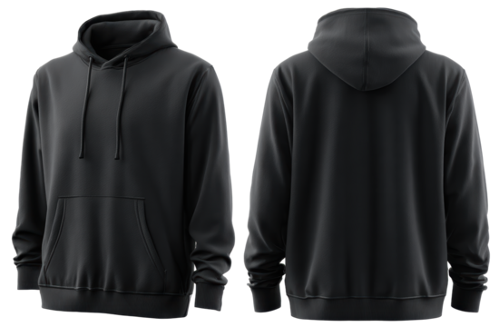 black hoodie mock up front and back view isolated on transparent background