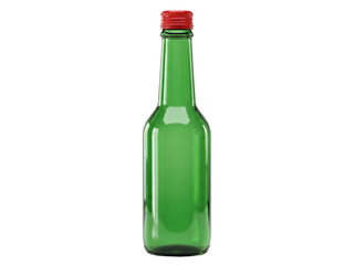 Green soju bottle with red cap isolated PNG on transparent background, Korean alcohol drink for Asian cuisine and beverage concepts