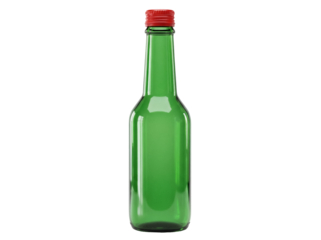 Green soju bottle with red cap isolated PNG on transparent background, Korean alcohol drink for Asian cuisine and beverage concepts