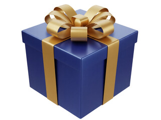 Elegant navy blue gift box with golden ribbon and bow isolated PNG, present for birthday or special occasion on transparent background