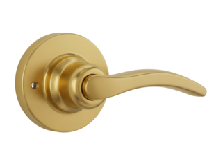 Satin brass door lever handle isolated PNG on transparent background, interior hardware for residential and commercial use