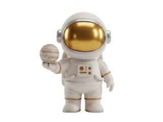 Astronaut holding Jupiter planet isolated PNG, cute spaceman in spacesuit with golden visor on transparent background