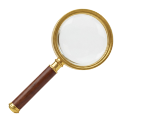Magnifying glass PNG isolated on transparent background, golden rimmed lens with wooden handle for inspection and investigation