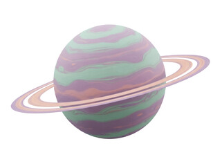 Cartoon planet with rings PNG isolated on transparent background, fantasy space object with purple and green surface for kids design