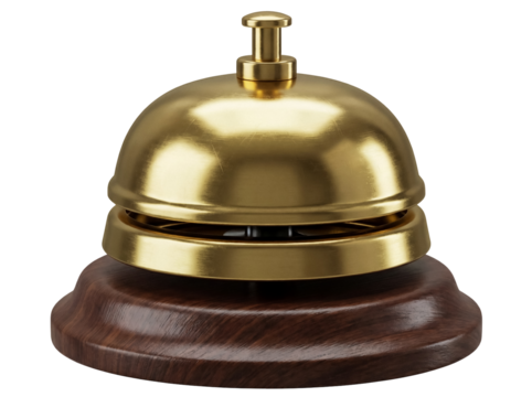 Golden hotel reception bell isolated PNG on transparent background, vintage service call for concierge and customer assistance - Powered by Adobe
