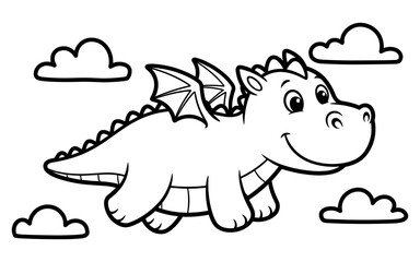 Fototapeta premium Cute cartoon dragon flying among clouds with a smile in black and white