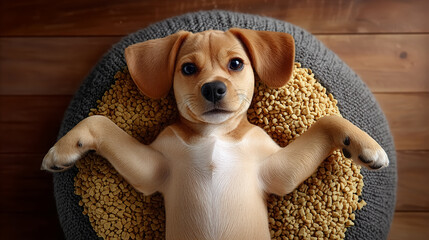 Puppy lying comfortably on cozy bed with food, looking at camera with playful expression. Warm wooden setting enhances joyful atmosphere. Concept of pet care, animal lovers, pet products