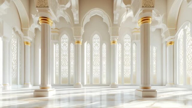 Elegant White Palace Hall With Gold Accents And Ornate Windows