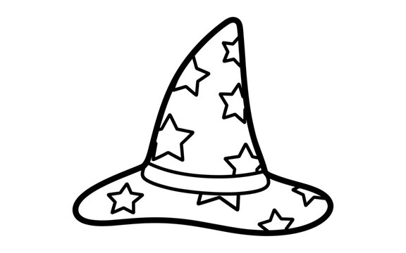 Starry wizard hat line art for magical themes and events