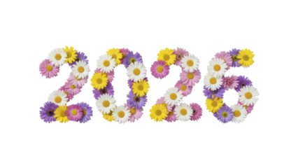 The year 2026 beautifully crafted from a vibrant assortment of colorful daisies and wildflowers, symbolizing growth, renewal, and the joyful anticipation of a new calendar cycle