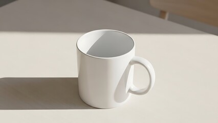 Minimalist white mug on beige surface with natural light and shadow