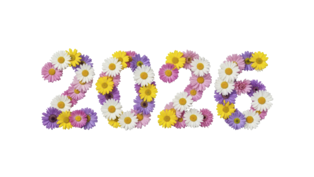 The year 2026 beautifully crafted from a vibrant assortment of colorful daisies and wildflowers, symbolizing growth, renewal, and the joyful anticipation of a new calendar cycle