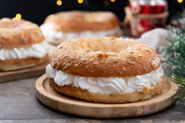 Traditional Spanish Roscon de Reyes with christmas decoration