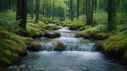 Obraz premium Serene Forest Stream Flowing Through Lush Green Mossy Terrain