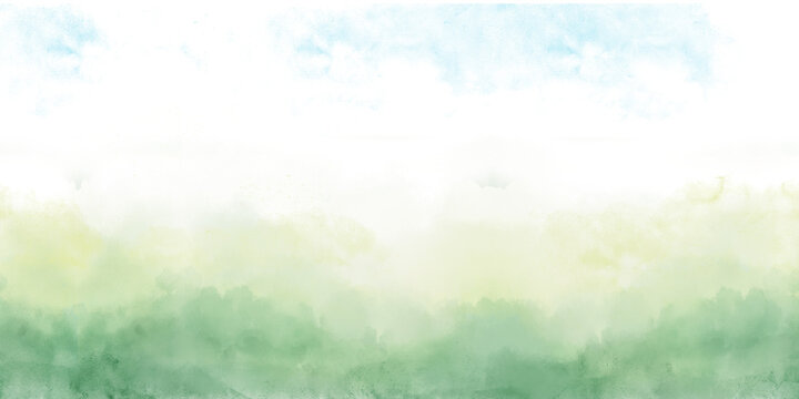 A summer or spring rural landscape with hills under blue sky and clouds. Digital watercolor illustration. Seamless background border, view of foliage and greenery on slope stretching into the horizon.