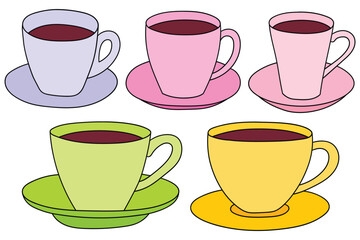 Hand-drawn cartoon set of colored cups of coffee on a white background.