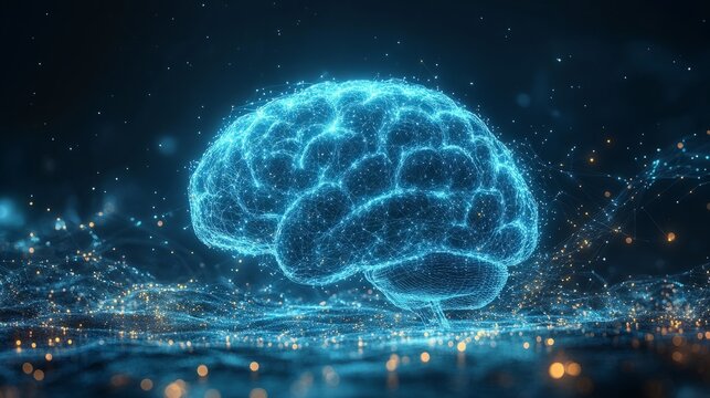 A glowing brain in a dynamic digital world represents intelligence and innovation