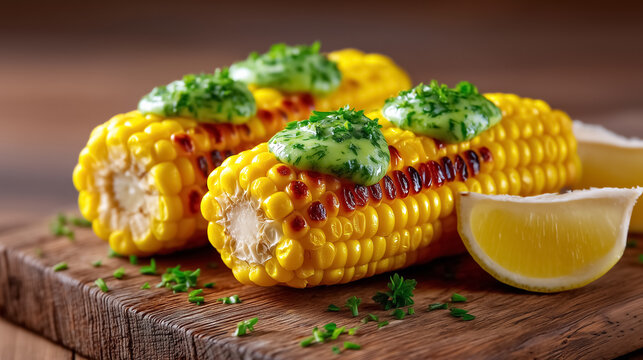 Grilled corn cobs topped with herb butter sitting on a wooden board. Fresh lemon wedges enhance presentation. Concept of culinary arts, food service, outdoor dining