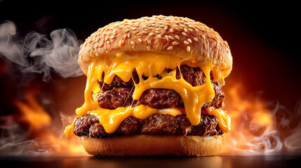 Cheeseburger stacked high with melted cheese and juicy patties. Smoky flames create a bold backdrop that excites the senses. Concept of fast food, gourmet dining, culinary delight