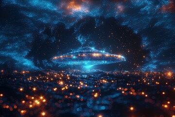 Fototapeta premium A sleek, futuristic spaceship gracefully floats above a vibrant cosmic sea filled with glowing particles, representing the thrill of interstellar travel and the pursuit of discovery.