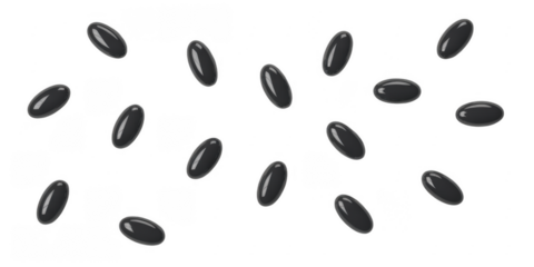 Numerous dark oval shaped pills scattered in a random pattern against a black background isolated on a transparent background