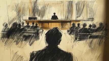 Artistic rendering of a courtroom scene, focusing on the observer and the central judicial platform.